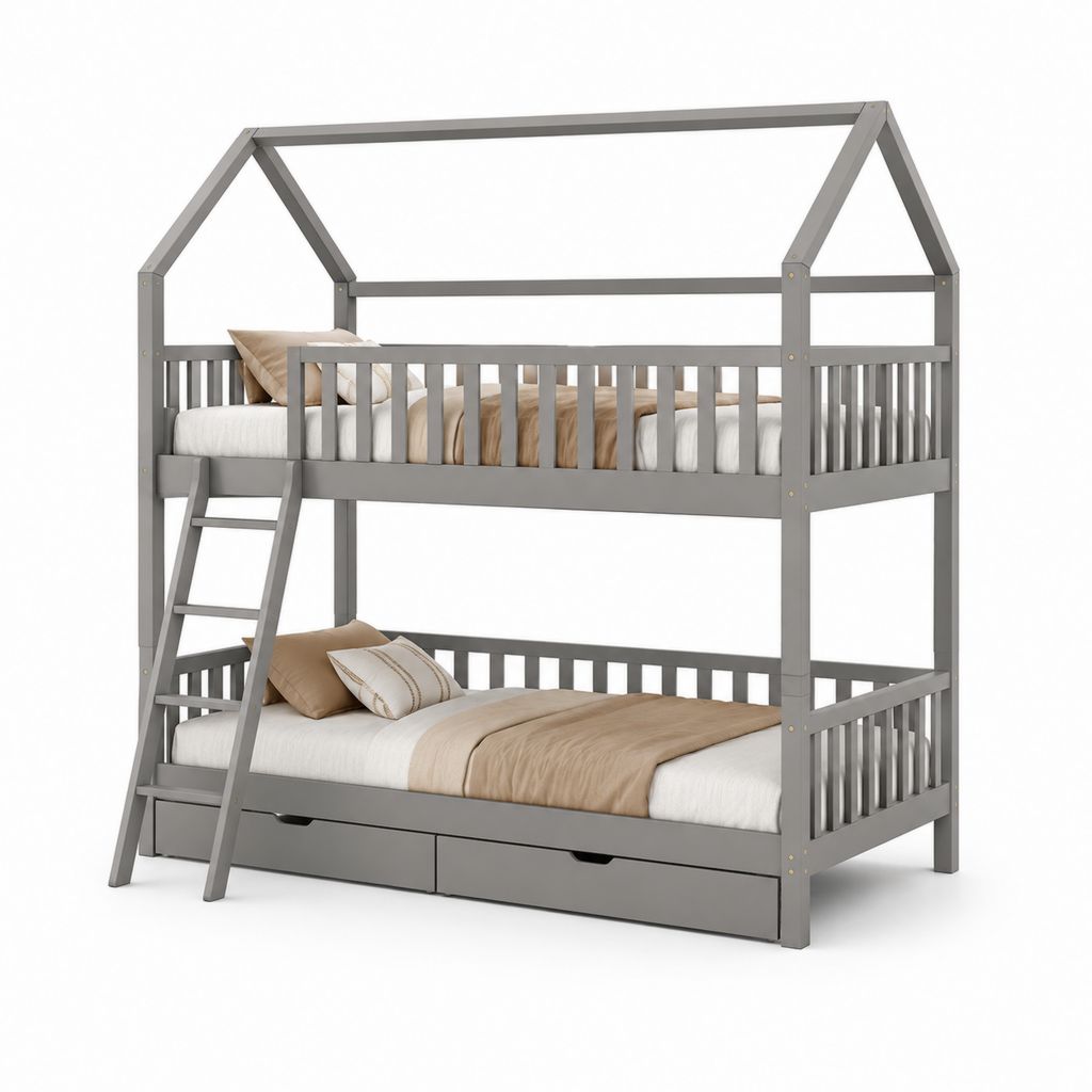 Letto a castello per bambini a 2 posti in legno di pino massello grigio, letti 90 x 200 cm, struttura a casetta con scala e 2 cassetti, 207 x 104 x 210 cm