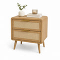 Comodino rettangolare in legno e rattan con 2 cassetti, 55 x 40 x 60 cm, rovere naturale, beige e oro