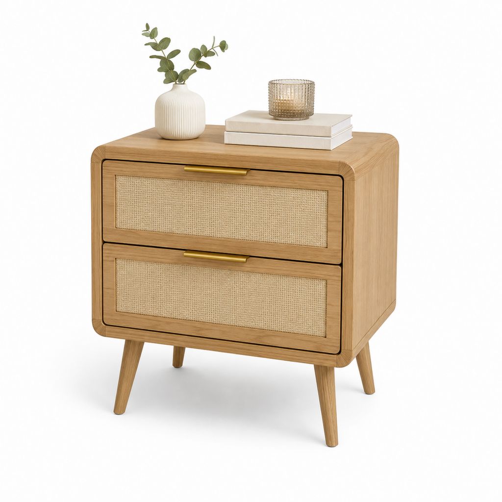 Comodino rettangolare in legno e rattan con 2 cassetti, 55 x 40 x 60 cm, rovere naturale, beige e oro