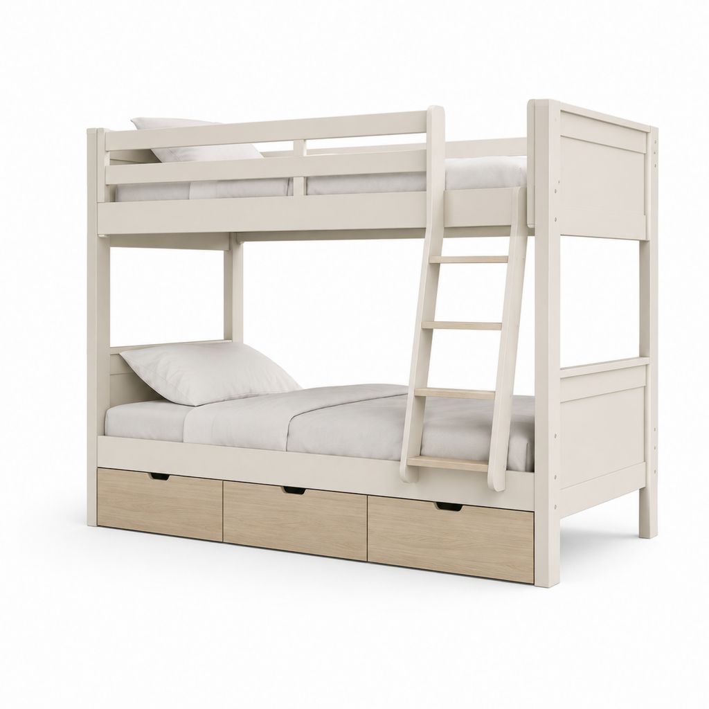 Letto a castello per bambini in legno bianco caldo e rovere naturale con scala e 3 cassetti, 207 x 105 x 180 cm, posti letto 90 x 200 cm