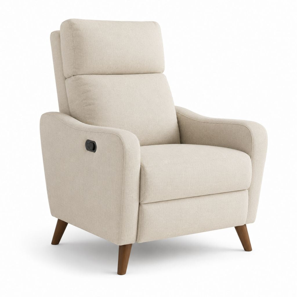 Poltrona reclinabile manuale in tessuto beige con schienale alto e gambe in legno, 78 x 88 x 105 cm