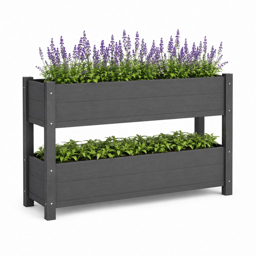Fioriera rialzata rettangolare a 2 livelli in legno massello di pino grigio antracite, 110 x 45 x 80 cm