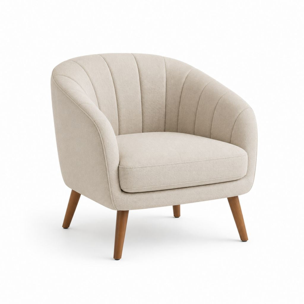 Poltrona imbottita beige in poliestere a pozzetto con gambe in legno massello, 78 × 75 × 76 cm