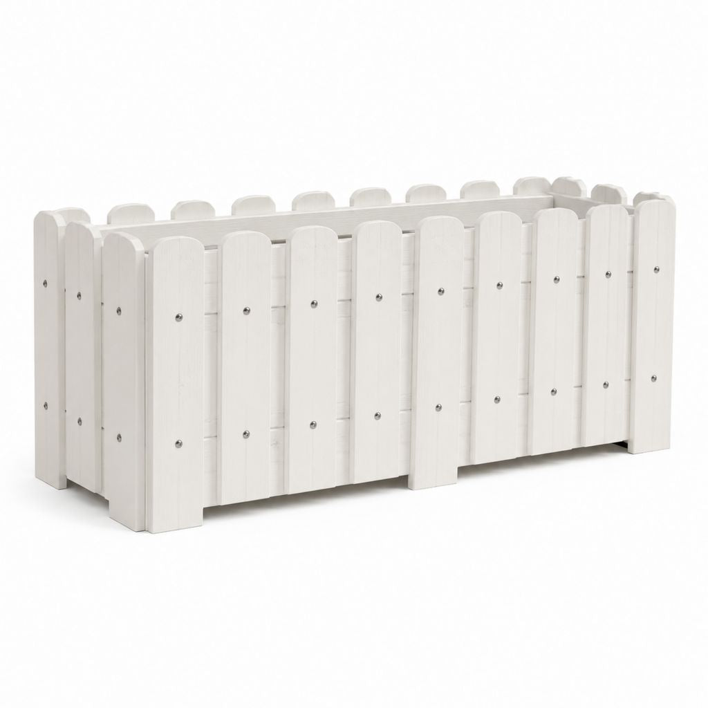Fioriera rialzata rettangolare da esterno in legno massello bianco, 90 x 55 x 56 cm