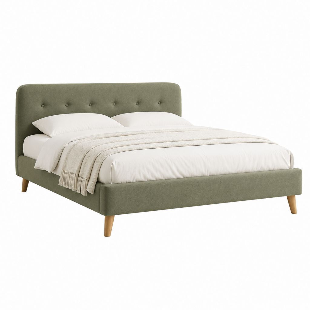 Letto matrimoniale imbottito verde oliva con testiera a bottoni, per materasso 160 x 200 cm, dimensioni 174 x 215 x 105 cm