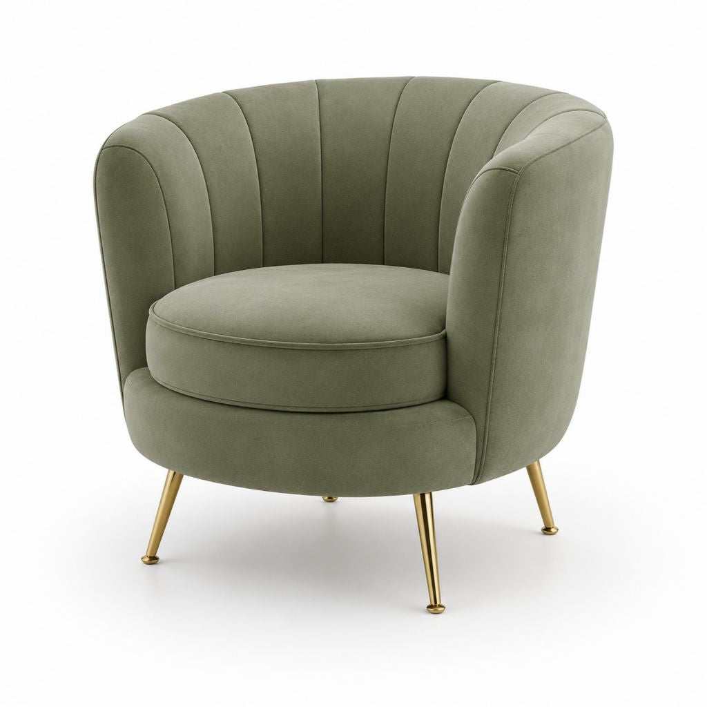 Poltrona a pozzetto in velluto di poliestere verde salvia con gambe in acciaio dorato, 80 x 75 x 78 cm