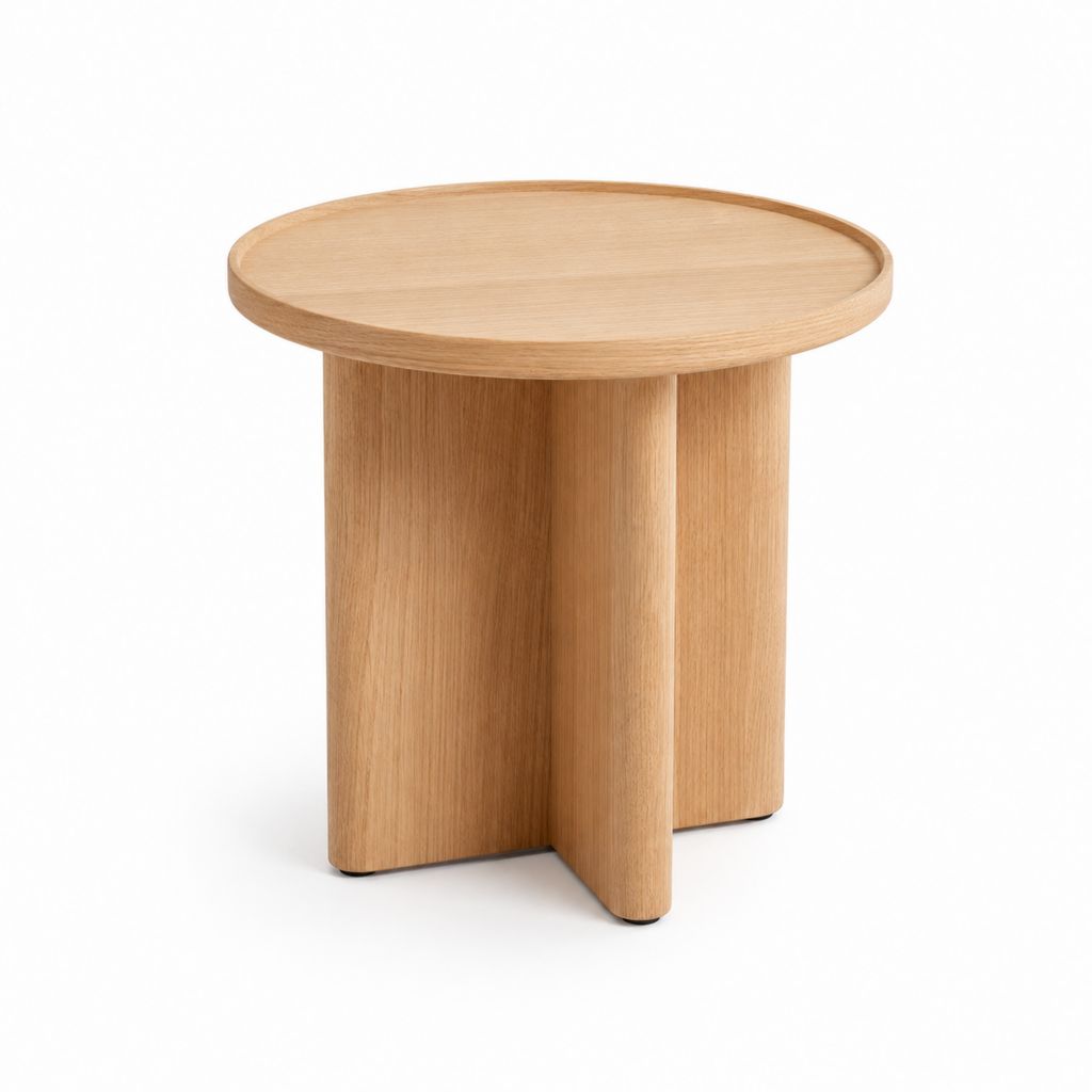 Tavolino laterale rotondo in MDF impiallacciato rovere naturale, Ø 50 × H 55 cm
