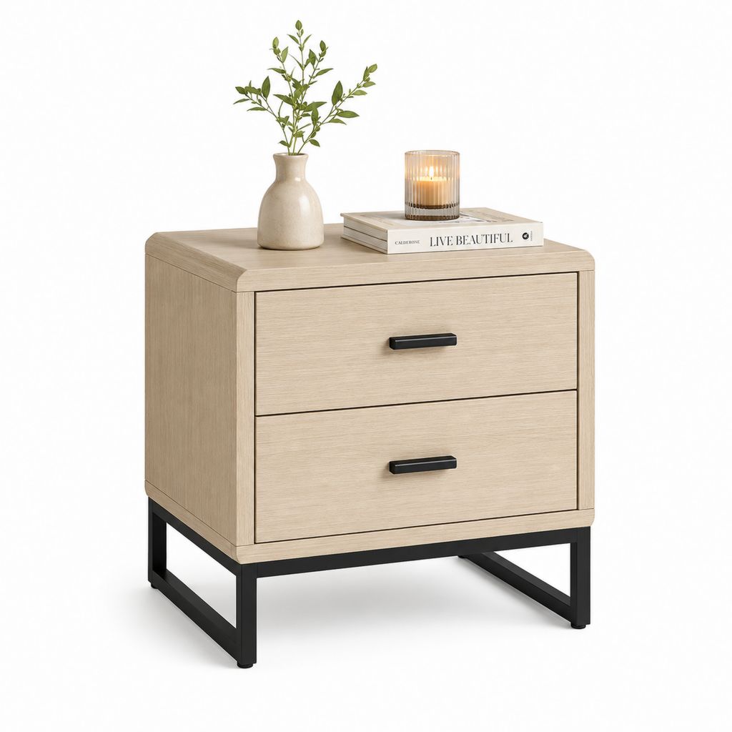 Comodino rettangolare in legno e metallo con 2 cassetti, rovere chiaro e nero, 50 x 40 x 60 cm