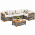 Set divano angolare da esterno a 5 posti in rattan PE, acciaio e legno con tavolino, grigio tortora e crema, 250 × 250 × 75 cm