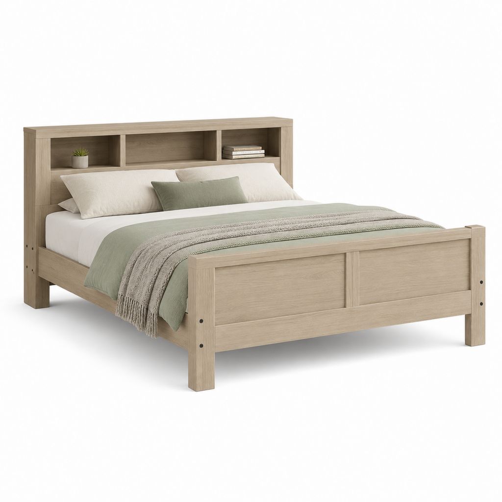 Letto matrimoniale 160 x 200 cm in MDF e legno truciolare rovere beige con testiera libreria, 218 x 170 x 120 cm