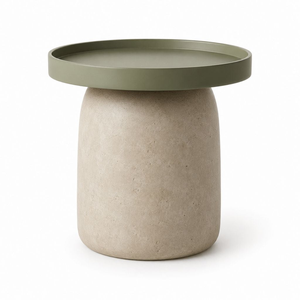 Tavolino laterale rotondo in composito minerale e acciaio verde oliva e beige, Ø45 × 50 cm