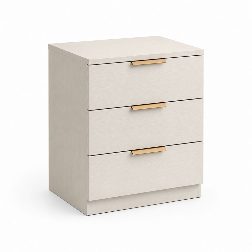 Comodino rettangolare con 3 cassetti in pannello truciolare melaminico bianco crema e champagne, 45 × 40 × 60 cm