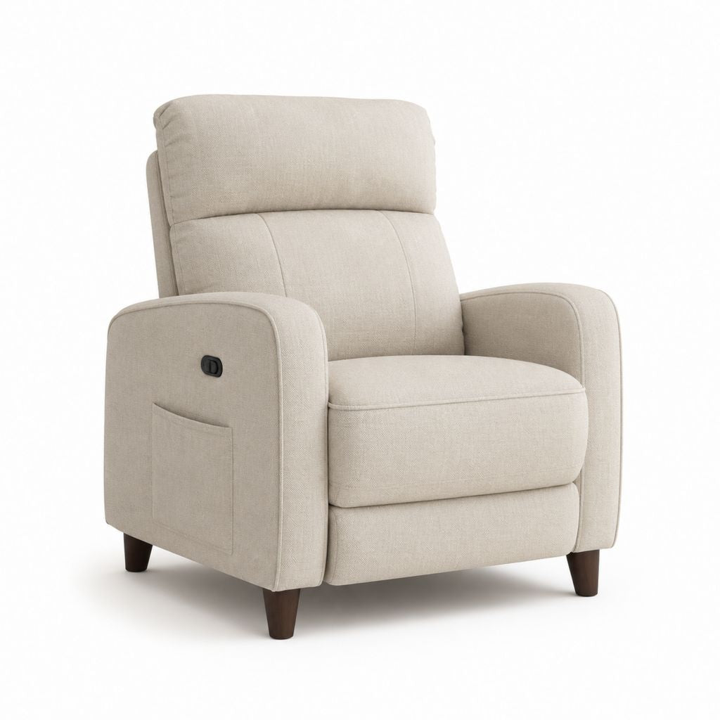 Poltrona reclinabile manuale in tessuto beige con schienale alto, poggiapiedi e tasca laterale, 80 x 94 x 105 cm