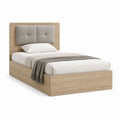 Letto singolo 90 x 200 cm in legno con testiera imbottita beige, rovere naturale, 99 x 210 x 110 cm