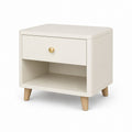 Comodino avorio in MDF con cassetto, vano aperto e gambe in legno massello, 50 x 40 x 55 cm