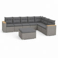 Divano da giardino angolare modulare 7 posti con pouf in polyrattan grigio, 300 x 210 x 72 cm