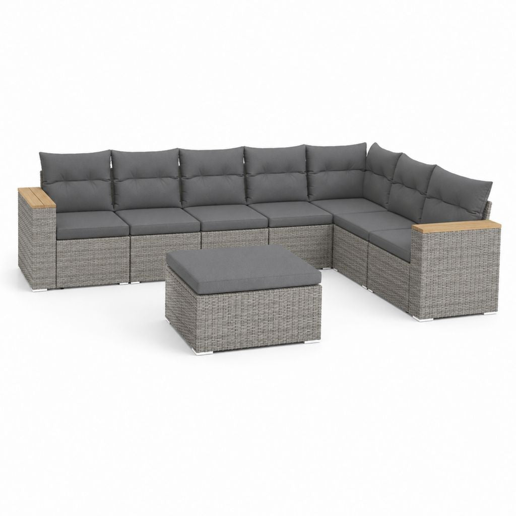 Divano da giardino angolare modulare 7 posti con pouf in polyrattan grigio, 300 x 210 x 72 cm