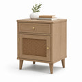 Comodino rettangolare in MDF impiallacciato rovere e rattan, marrone rovere e ottone, 45 x 40 x 60 cm