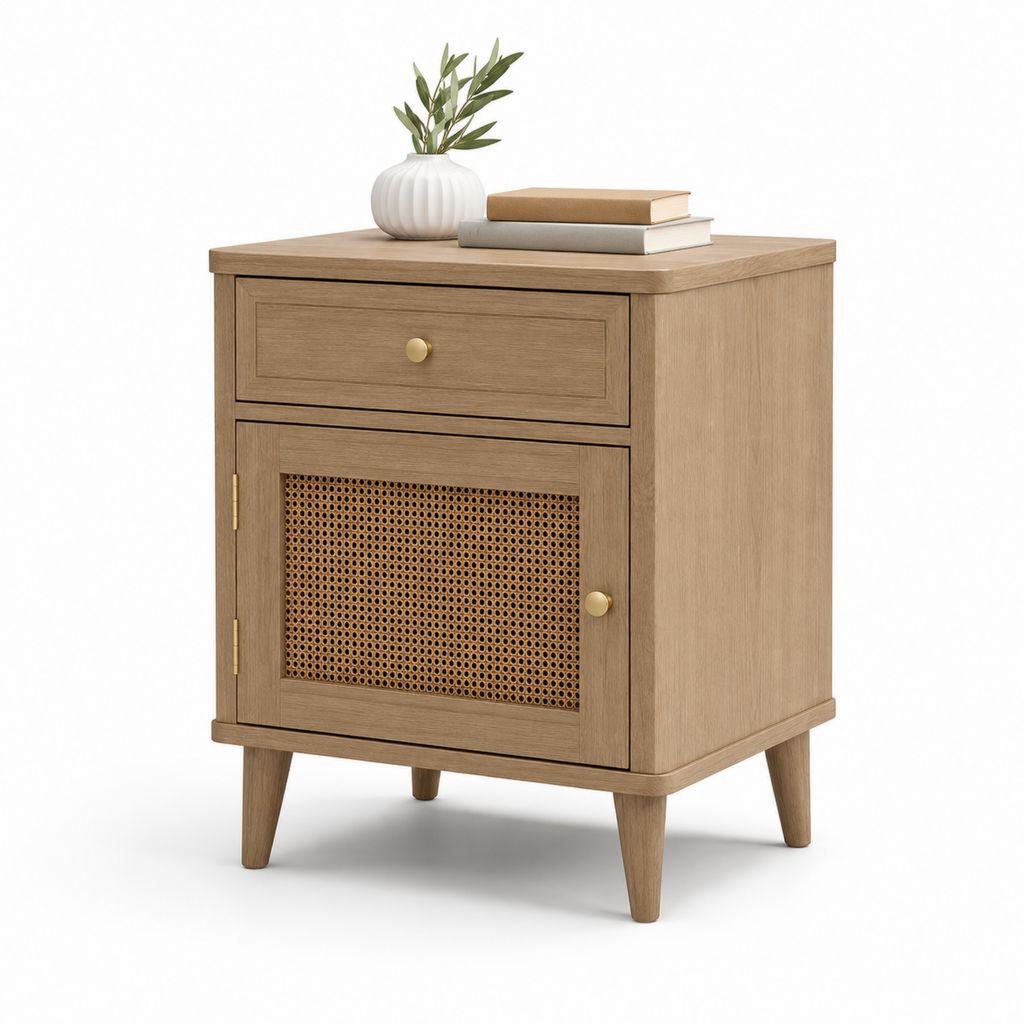 Comodino rettangolare in MDF impiallacciato rovere e rattan, marrone rovere e ottone, 45 x 40 x 60 cm