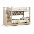 Letto a castello per bambini in legno e MDF bianco crema/rovere naturale, 245 x 124 x 171 cm, posti letto 90 x 200 cm, scale, libreria e 6 cassetti