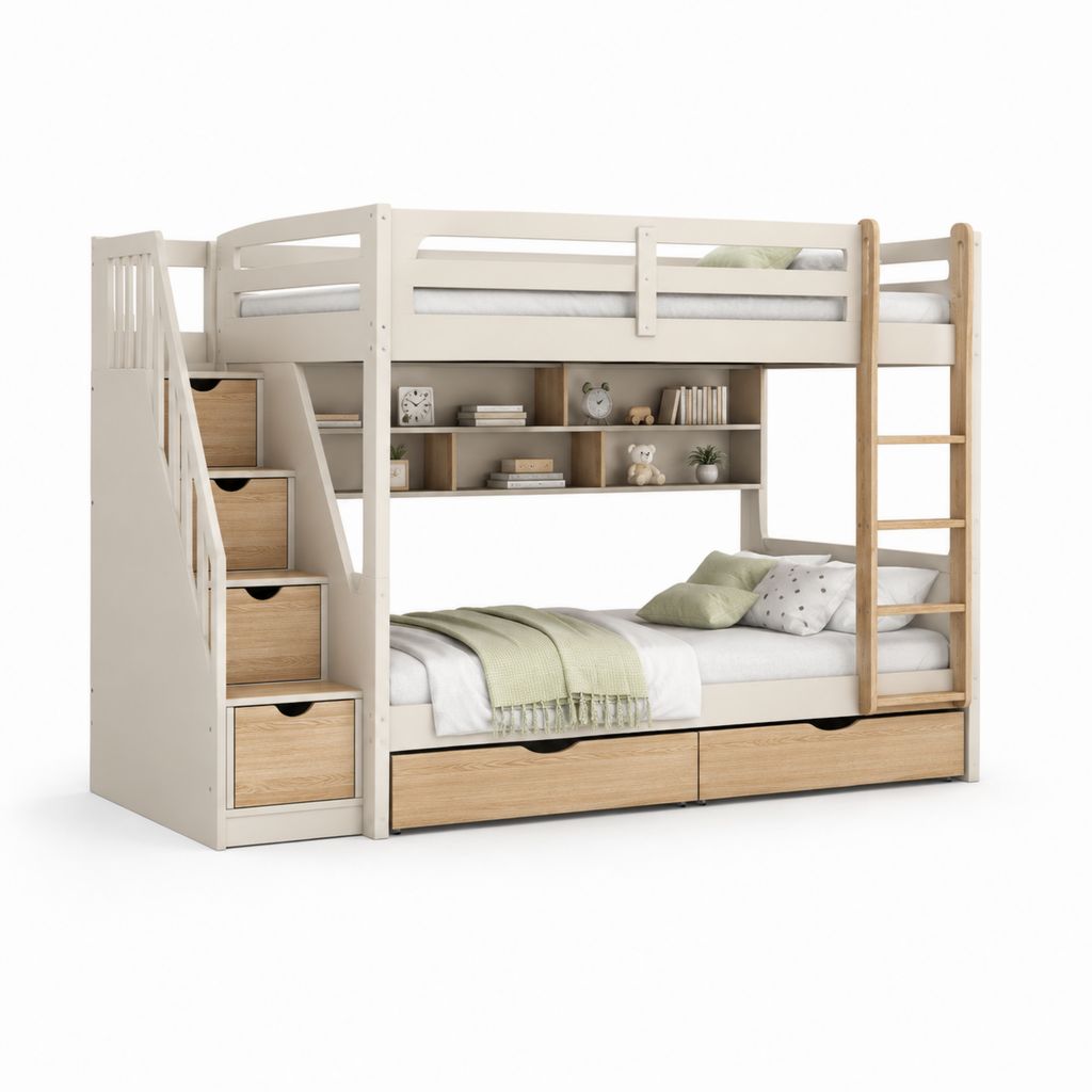 Letto a castello per bambini in legno e MDF bianco crema/rovere naturale, 245 x 124 x 171 cm, posti letto 90 x 200 cm, scale, libreria e 6 cassetti