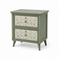 Comodino rettangolare in MDF e pino massello verde salvia con 2 cassetti, 45 x 35 x 60 cm