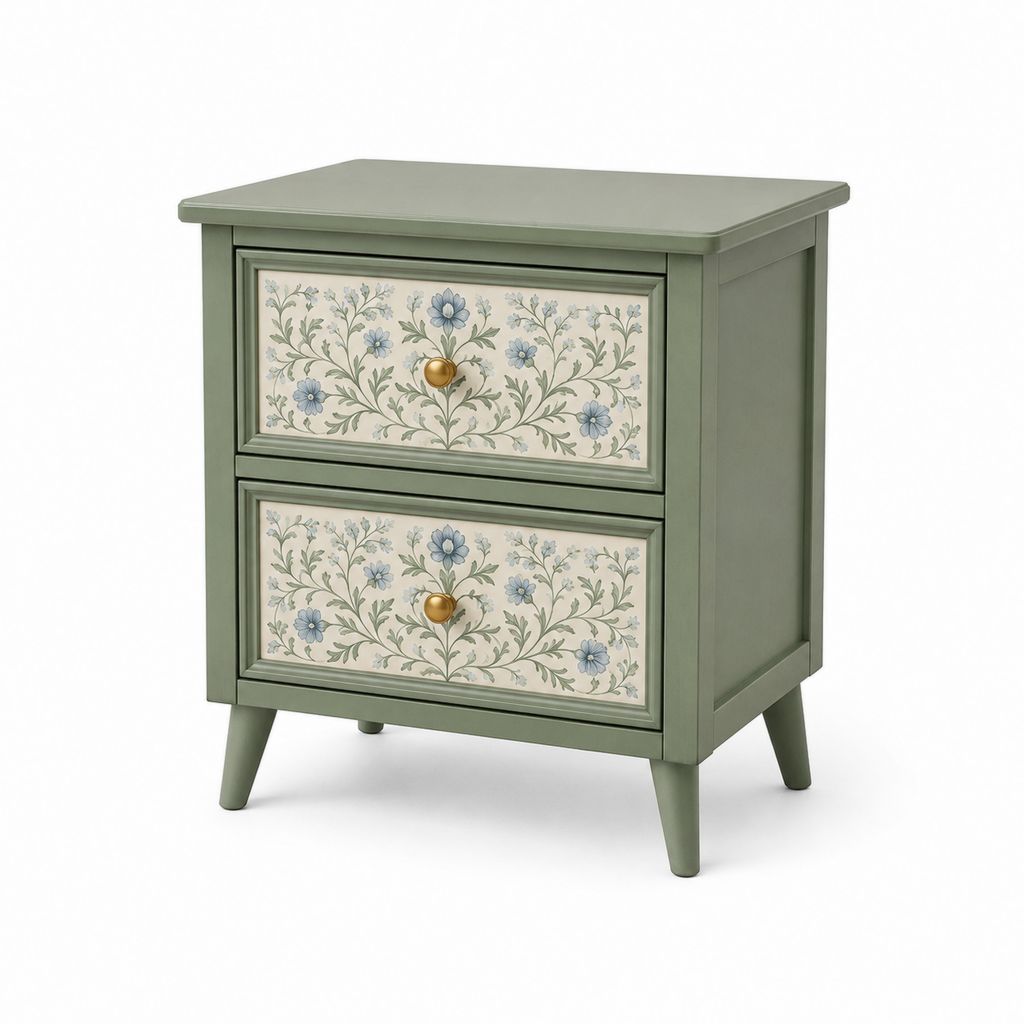 Comodino rettangolare in MDF e pino massello verde salvia con 2 cassetti, 45 x 35 x 60 cm