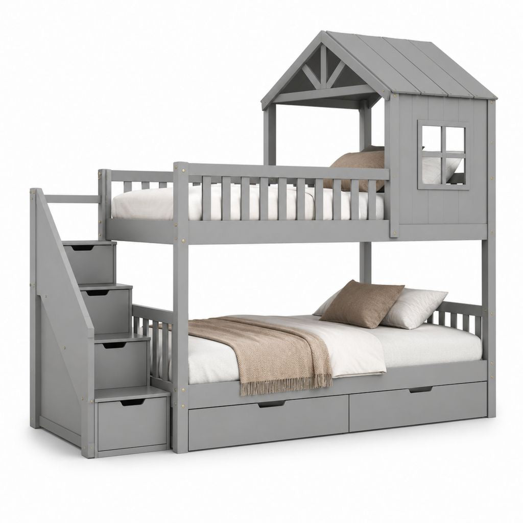 Letto a castello per bambini in legno e MDF grigio, 90 × 190 cm e 140 × 190 cm, con casetta, scala contenitore e 2 cassetti