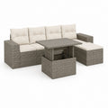 Set da giardino angolare a 5 posti in rattan PE grigio tortora con cuscini crema e tavolo elevabile, 250 x 180 x 87 cm