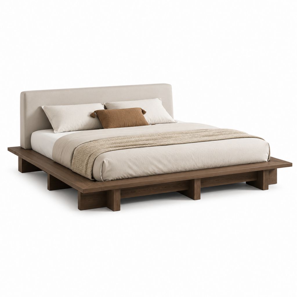 Letto matrimoniale a piattaforma 160 x 200 cm in legno massello marrone noce con testiera imbottita beige, 220 x 220 x 95 cm